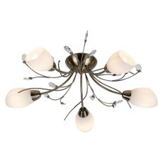 Gardacorston 5 Light Antique Brass Sf Fitting Crystal Leaf White Glass