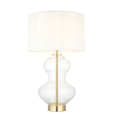 Moma 1 Light E27 Satin Brass & Clear Shaped Glass Table Lamp With 3 Stage Touch Dimmer Switch C/W Vintage White Fabric Shade