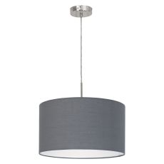 Pasteri 1 Light E27 Satin Chrome Adjustable 380mm Pendant With Grey Fabric Shade