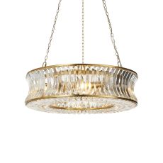 Cosimo 6 Light E14 Brushed Warm Brass Adjustable Pendant With Concave Clear Glass & Clear Cut Faceted Glass Crystals