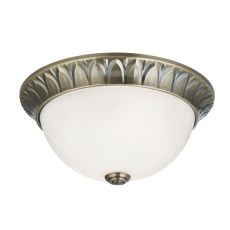 Flush - 2 Light Flush, Antique Brass, Ridge Detailed Trim With Frosted Glass Shade Diameter 28cm