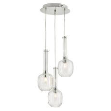 Kasha 3 Light E14 Polished Chrome Adjustable Cluster Pendant With Lozenge Shaped Ribbed Glass Shades