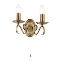 Bernice 2 Light E14 Antique Brass Wall Light With Pull Cord Switch