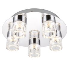 Imperial 5 Light 5x5W Integrated LED, 3000K, 480lm IP44 Polished Chrome Btahroom Flush Fitting With Bubbles Infused Clear Glass Shades