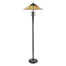 Dark Star 2 Light E27 Black Floor Lamp With Lampholder Pull Cord Switch C/W Tiffany Shade & Iridised Glass Inserts