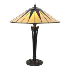 Dark Star 2 Light E27 Black Medium Table Lamp With Inline Switch C/W Tiffany Shade & Iridised Glass Inserts