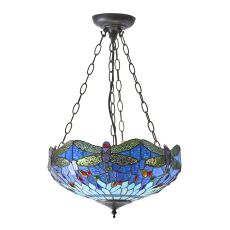 Dragonfly 3 Light E27 Dark Bronze Medium Adjustable Inverted Pendant C/W Blue Tiffany Shade