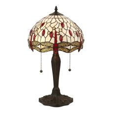 Dragonfly 2 Light E27 Dark Bronze Small Table Lamp With Lampholder Pull Cord Switch C/W Beige Tiffany Shade