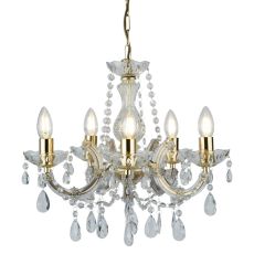 CHANDELIERS DELICATELY TRIMMED WITH ACRYLIC DROPLETS IN POLISHED BRASS FINISH.