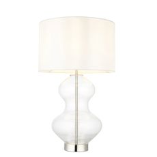 Moma 1 Light E27 Polished Nickel & Clear Shaped Glass Table Lamp With 3 Stage Touch Dimmer Switch C/W Vintage White Fabric Shade