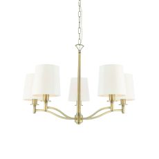 Ortona 5 Light E14 Matt Antique Brass Adjustable Pendant C/W Vintage White Fabric Shades