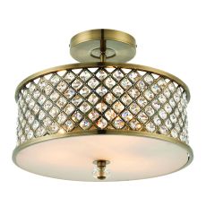 Hudson 3 Light E27 Antique Brass Semi Flush Ceiling Fitting With K9 Crystal Beads & Opal Diffuser