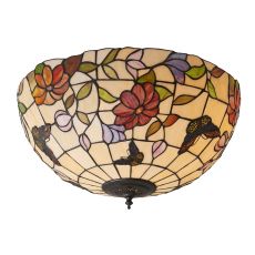 Butterfly 2 Light E27 Dark Bronze Large Flush Fitting C/W Flowers & Butterflies Tiffany Shade