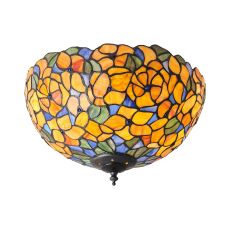 Josette 2 Light E27 Dark Bronze Medium Flush Fitting C/W Coloured Flowers In Orange & Yellows Tiffany Shade