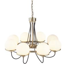 Sphere 8 Light Ceiling, Antique Brass, Black Braided Cable, Opal White Glass Shades