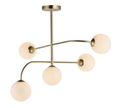 Otto 5 Light G9 Brushed Brass Semi Flush Ceiling Light With Gloss Opal Glass Shades