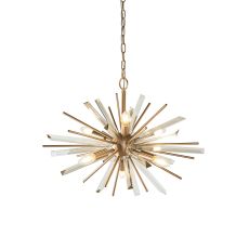 Skyros 6 Light E14 Antique Brass Plated Adjustable Pendant With Champagne Triangular Prism Glass & Antique Brass Decorative Rods