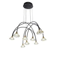 Bella 9 Light 2.14W, 3000K, 1321lm Matt Black With Brushed Brass Detail Adjustable Pendant With Clear Crystal Glass Shades