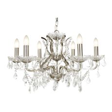 Paris 6 Light Chandelier, Clear Crystal Drops & Trim, Satin Silver