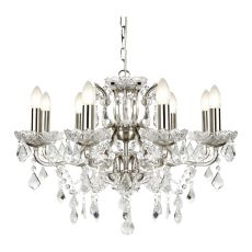 Paris 8 Light Chandelier, Clear Crystal Drops & Trim, Satin Silver