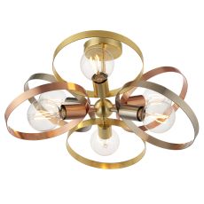 Hoop 6 Light E27  Mixed With Brushed Brass, Brushed Copper & Brished Nickel Semi-Flush Ceiling Fitting