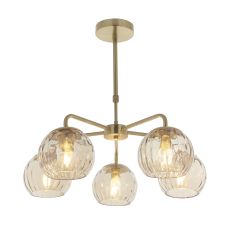 Dimple 5 Light E14 Brushed Brass Telescopic Ceiling Fitting C/W Champagne Lustre Dimpled Glass Shades