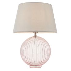 Jemma 1 Light E27  Dusky Pink Tinted Ribbed Sphere Glass Base With Satin Nickel Table Lamp C/W Evie 14" Grey Cotton Tapered Shade