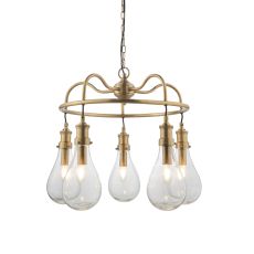 Hadassa 5 Light E14  Antique Brass Plated Adjustable Pendant With Clear Pear Drop Glass Shades