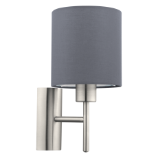 Pasteri 1 Light E27 Satin Nickel Flush Wall Light With Grey Fabric Shade