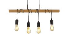 Woody 4 Light E27 Bar Adjustable Pendant Wood With Black Metal