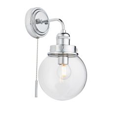 Cheswick 1 Light E14 Chrome Bathroom IP44 Wall Light With Pull Cord Switch C/W Clear Glass Globe Shade