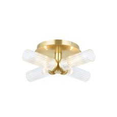 Talo 4 Light G9 Satin Brass IP44 Bathroom Semi Flush Fitting With Clear Ribbed Cylindrical Glass Shades