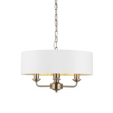 Highclere 3 Light E14 Antique Brass Ceiling Pendant C/W Vintage White Fabric Shade With Gold Metallic Inner