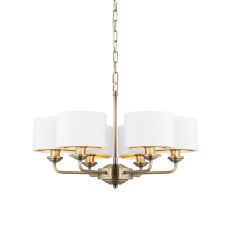 Highclere 6 Arm Light E14 Antique Brass Ceiling Pendant C/W Vinatge White Fabric Shade With Gold Metallic Inner