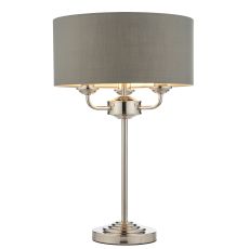 Highclere 3 Light E14 Bright Nickel Table Lamp C/W Charcoal Linen Mix Fabric Shade With Brushed Metallic Inner