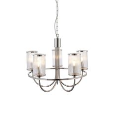Riko 5 Light E14 Bright Nickel Adjustable Pendant With Clear Ribbed Bubble Glass Shades