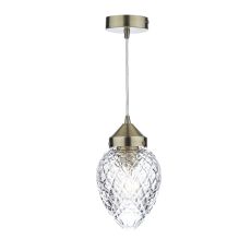 Agatha 1 Light E27 Antique Brass Adjustable Pendant With Vintage Style Acorn Cut Clear Glass Shade