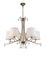 Andrea Pendant 81.5cm Round, 5 x E14 (Max 20W), Antique Brass, White Shades, White Crystal Droplets