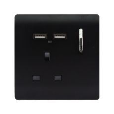 Trendi, Artistic Modern 1 Gang 13Amp Switched Socket WIth 2 x USB Ports Matt Black Finish, BRITISH MADE, (35mm Back Box Required), 5yrs Warranty