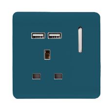 Trendi, Artistic Modern 1 Gang 13Amp Switched Socket WIth 2 x USB Ports Ocean Blue Finish, BRITISH MADE, (35mm Back Box Required), 5yrs Warranty