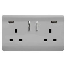 Trendi, Artistic 2 Gang 13Amp Short S/W Double Socket With 2x2.1Mah USB Brushed Steel Finish, BRITISH MADE, (35mm Back Box Required), 5yrs Warranty
