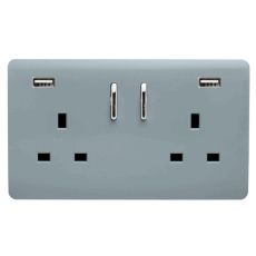 Trendi, Artistic 2 Gang 13Amp Short S/W Double Socket With 2x2.1Mah USB Cool Grey Finish, BRITISH MADE, (35mm Back Box Required), 5yrs Warranty