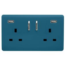 Trendi, Artistic 2 Gang 13Amp Short S/W Double Socket With 2x2.1Mah USB Ocean Blue Finish, BRITISH MADE, (35mm Back Box Required), 5yrs Warranty