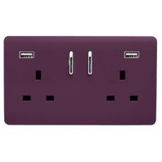 Trendi, Artistic 2 Gang 13Amp Short S/W Double Socket With 2x2.1Mah USB Plum Finish, BRITISH MADE, (35mm Back Box Required), 5yrs Warranty
