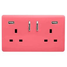 Trendi, Artistic 2 Gang 13Amp Short S/W Double Socket With 2x2.1Mah USB Strawberry Finish, BRITISH MADE, (35mm Back Box Required), 5yrs Warranty