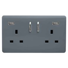 Trendi, Artistic Modern 2 Gang USB 2x3.1mAH Plug Socket Warm Grey Finish, BRITISH MADE, (35mm Back Box Required), 5yrs Warranty