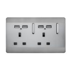 Trendi, Artistic 2 Gang 13Amp Switched Double Socket With 4X 2.1Mah USB Brushed Steel Finish, BRITISH MADE, (45mm Back Box Required), 5yrs Warranty