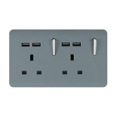 Trendi, Artistic 2 Gang 13Amp Switched Double Socket With 4X 2.1Mah USB Cool Grey Finish, BRITISH MADE, (45mm Back Box Required), 5yrs Warranty