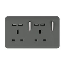 Trendi, Artistic 2 Gang 13Amp Switched Double Socket With 4X 2.1Mah USB Charcoal Finish, BRITISH MADE, (45mm Back Box Required), 5yrs Warranty