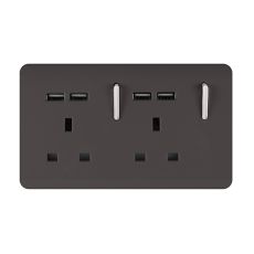 Trendi, Artistic 2 Gang 13Amp Switched Double Socket With 4X 2.1Mah USB Dark Brown Finish, BRITISH MADE, (45mm Back Box Required), 5yrs Warranty